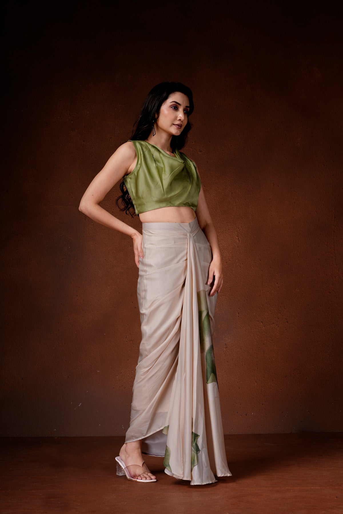 Amaryllis drape skirt and cowl top set