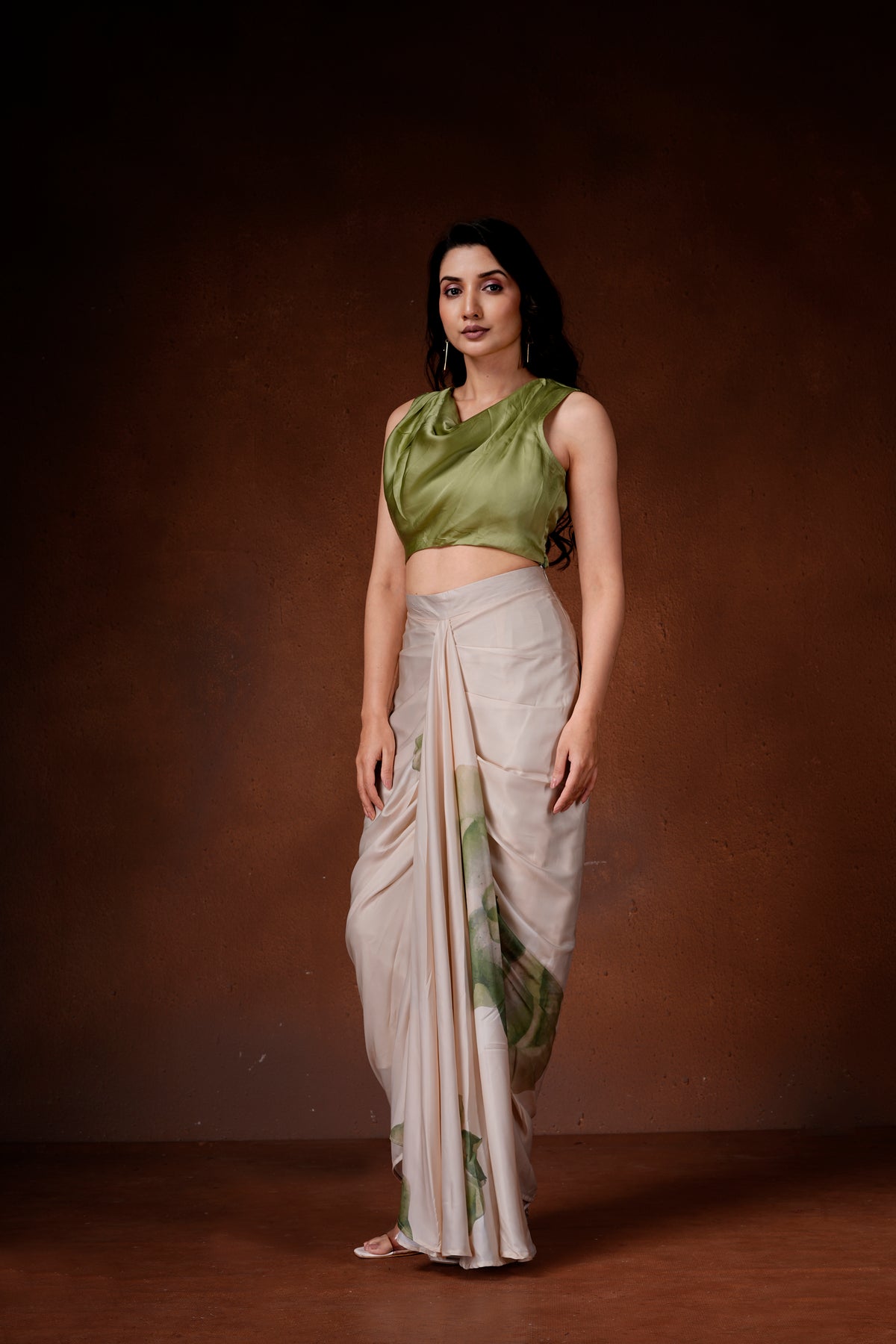 Amaryllis drape skirt and cowl top set