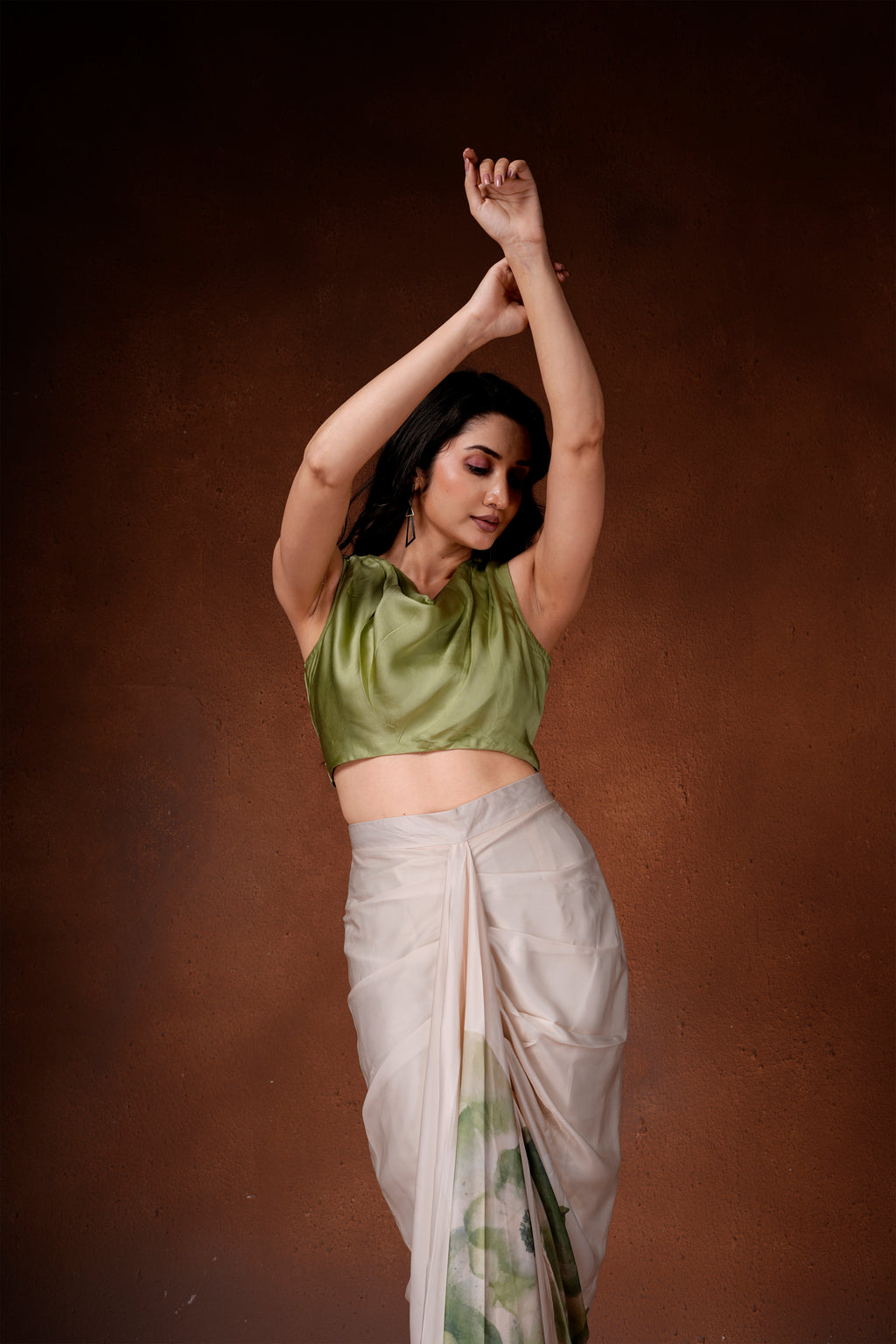 Amaryllis drape skirt and cowl top set