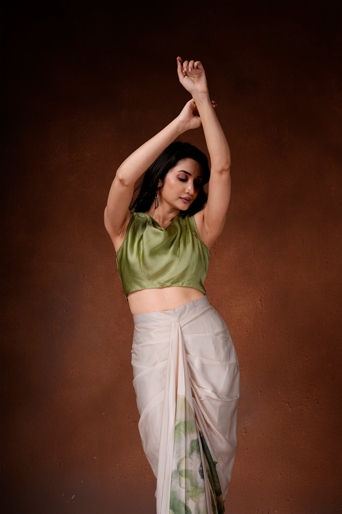 Amaryllis drape skirt and cowl top set