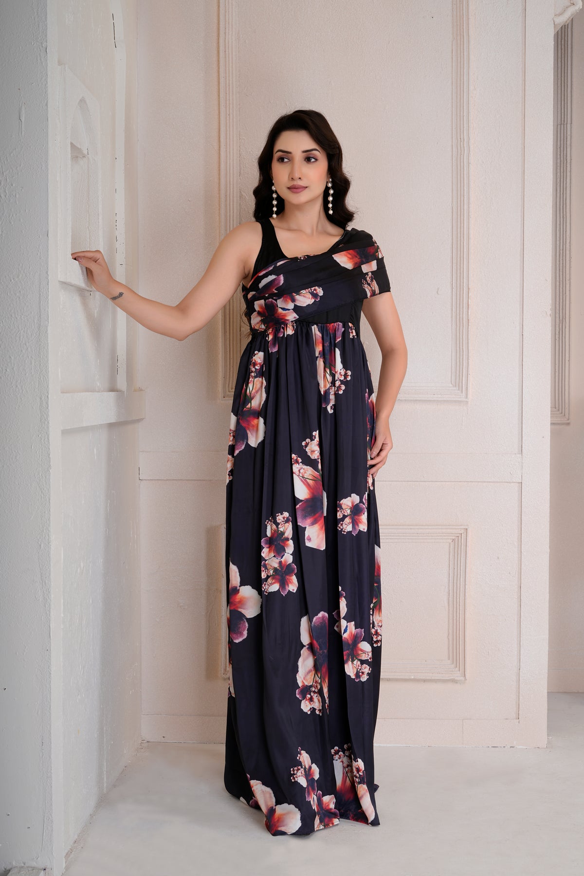 Flora one shoulder drape dress