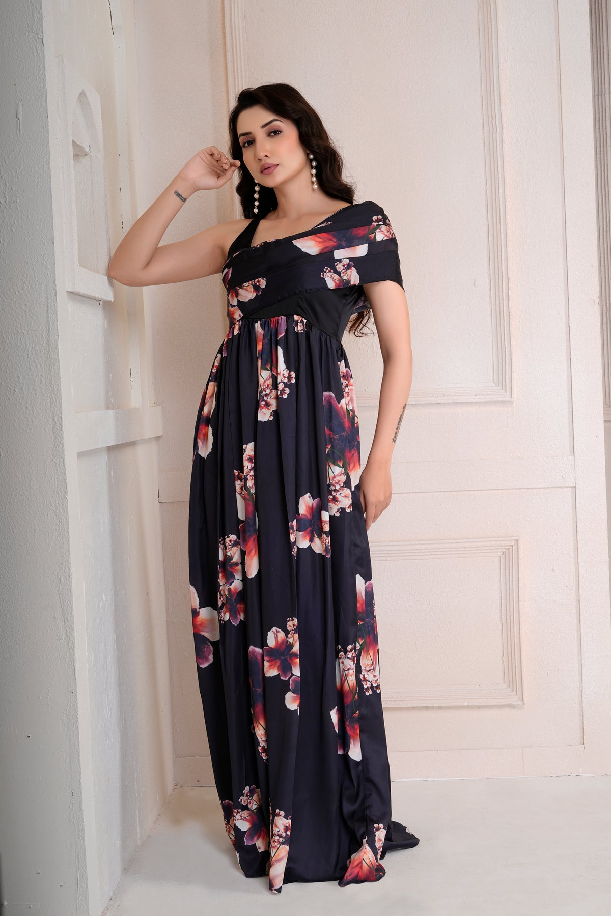 Flora one shoulder drape dress