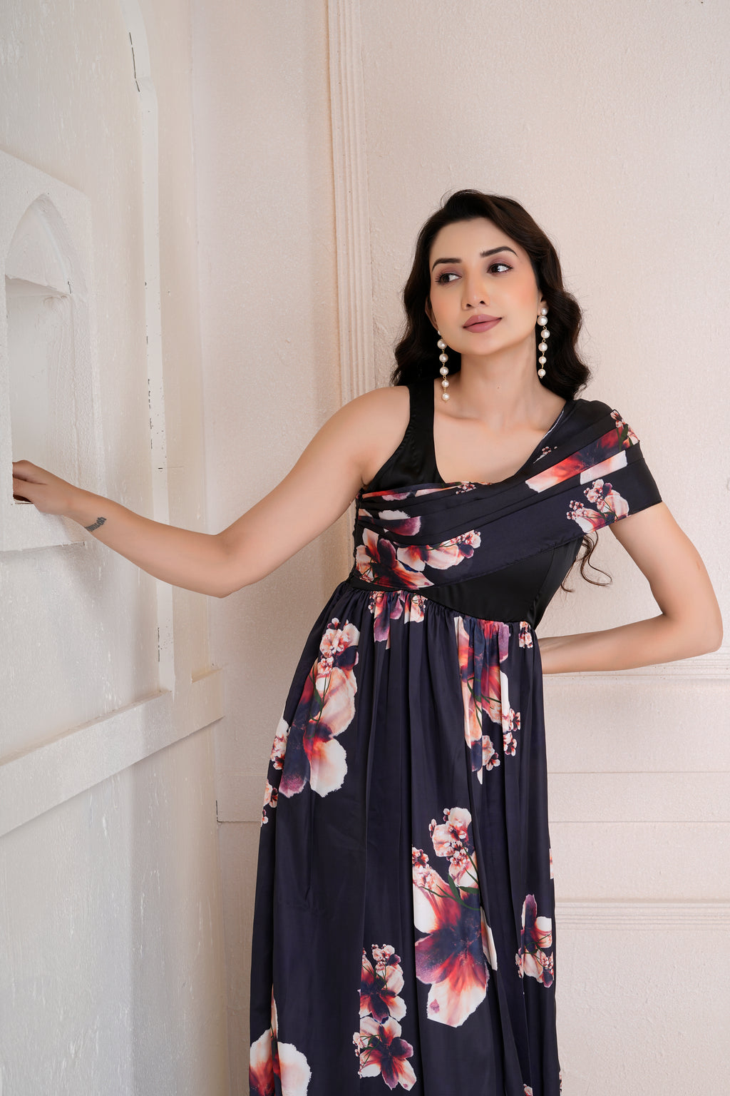 Flora one shoulder drape dress
