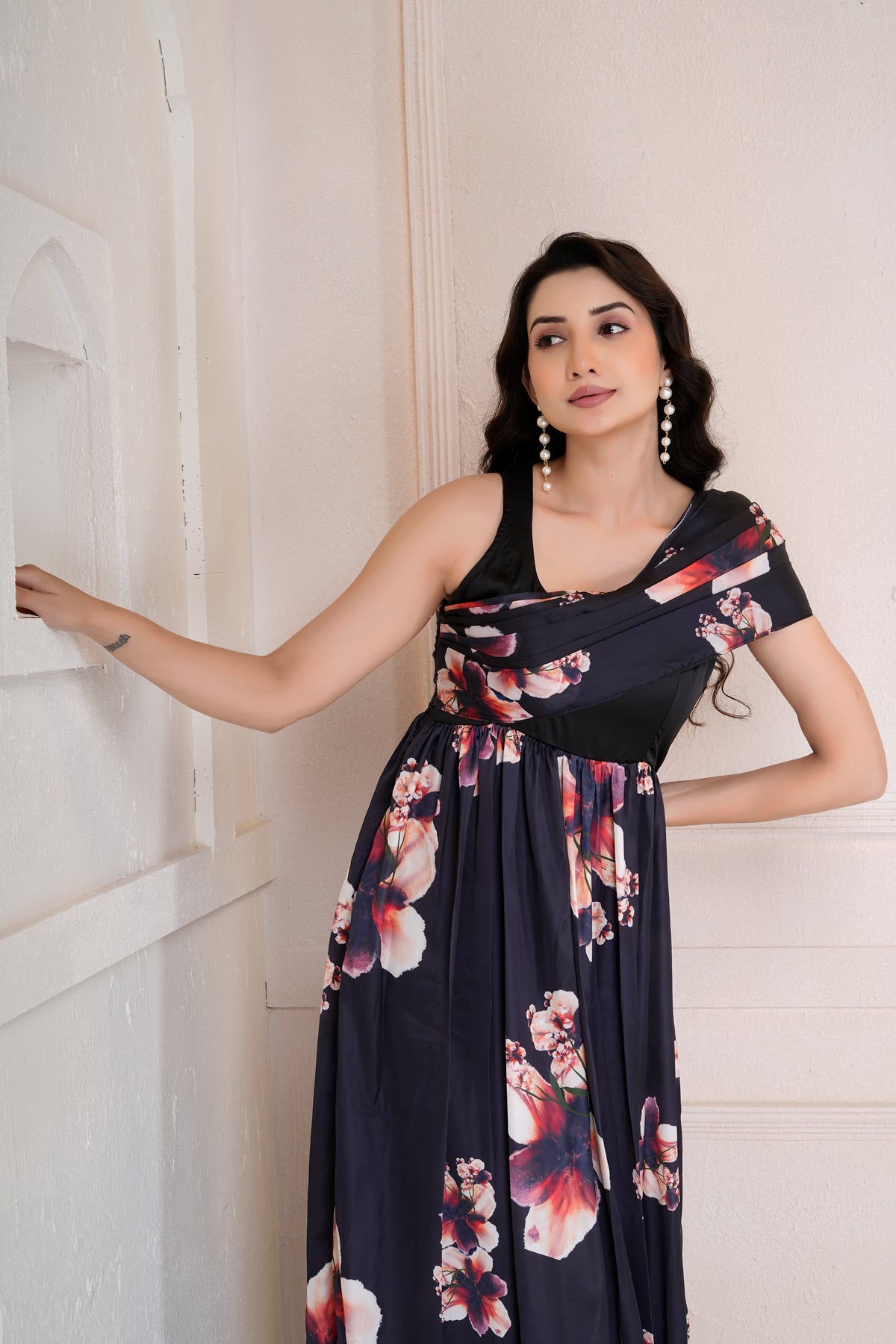 Flora one shoulder drape dress