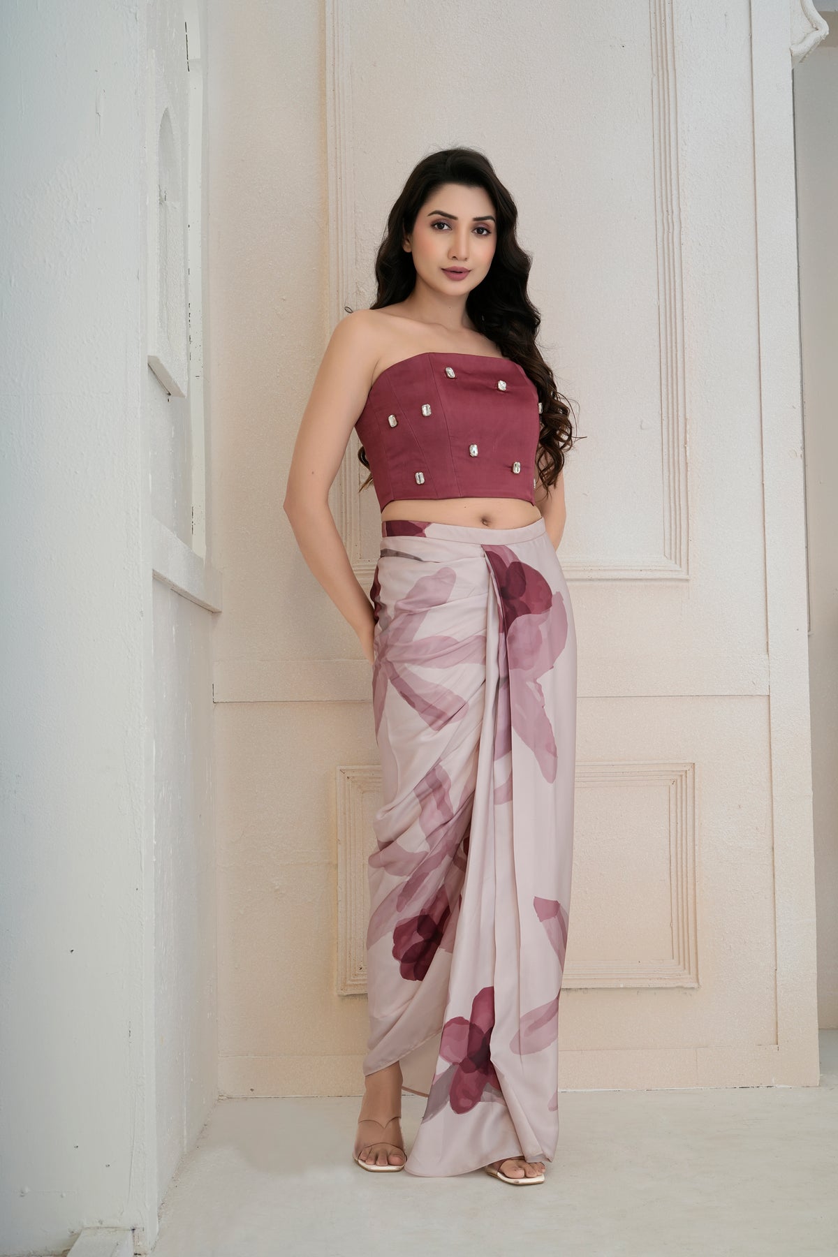 Tuberosey draped skirt and corset