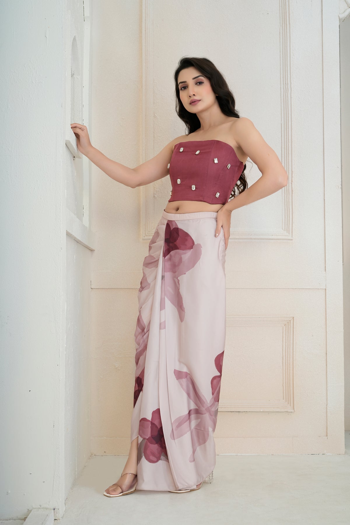 Tuberosey draped skirt and corset